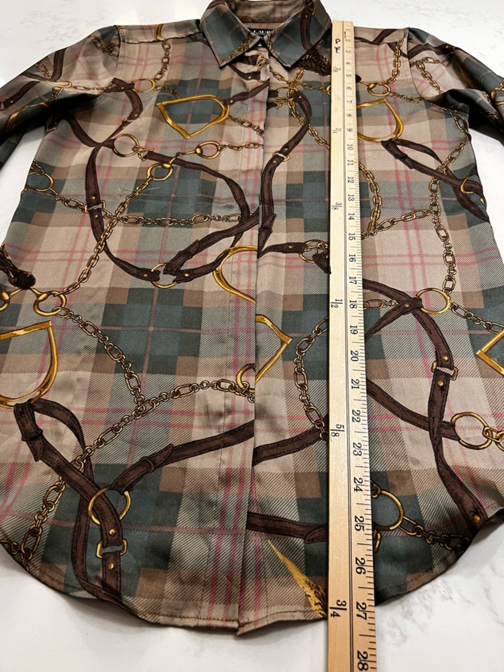 Lauren Ralph Lauren Brown & Green Plaid Chain-Print Long Sleeve Blouse - Picture 11 of 13